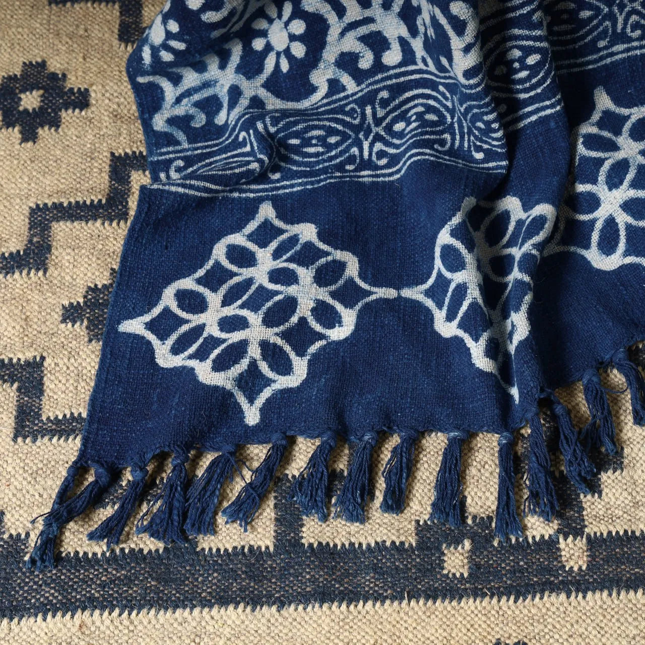 Sanwariya Rugs Cotton Throw Blanket, Indigo Floral Medallion 50 x 70 Inch