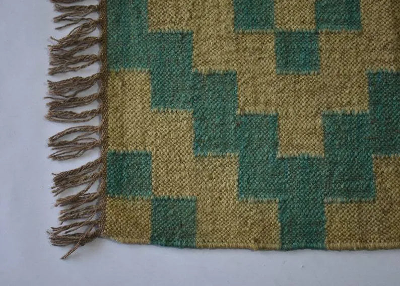 Handmade Teal Wool Jute Area Rug – Geometric Kilim Flatweave Rug with Fringe, Natural Beige Boho Decor