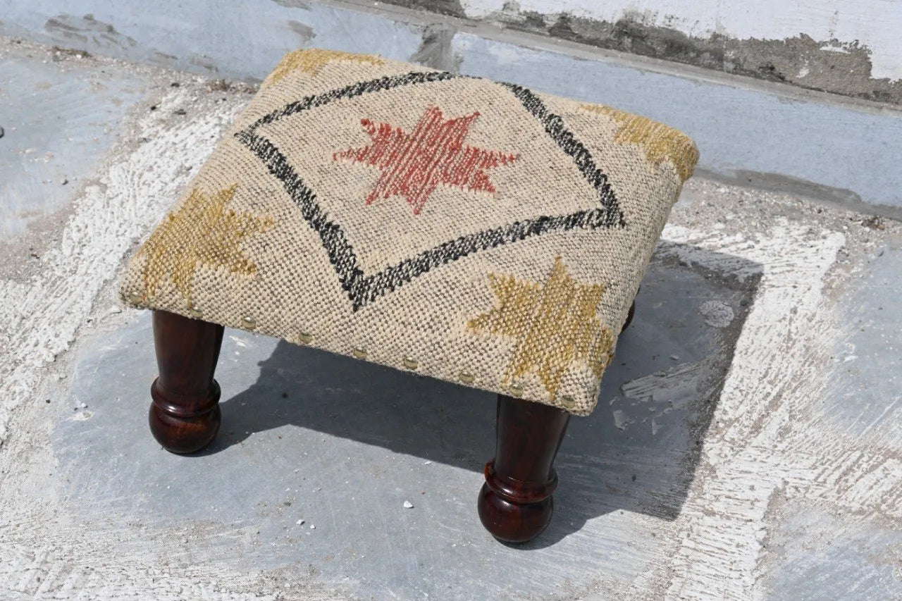 Handmade Southwestern Star Kilim Ottoman Footstool | Wool Jute Upholstered Accent Stool with Solid Wooden Legs & Tribal Design