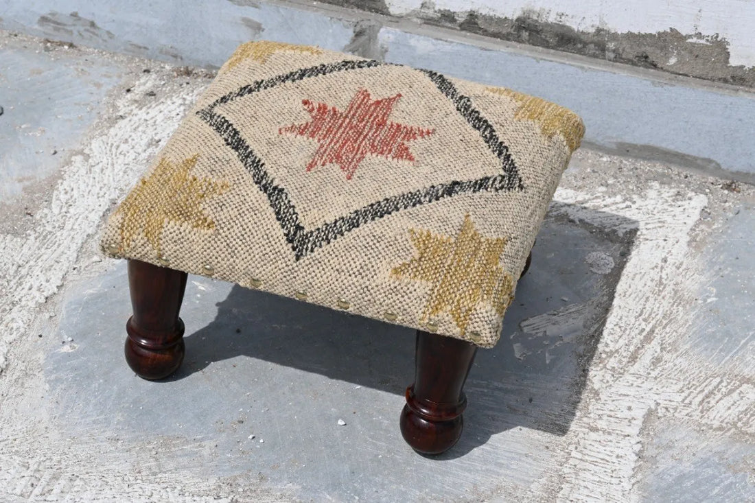 Handmade Southwestern Star Kilim Ottoman Footstool | Wool Jute Upholstered Accent Stool with Solid Wooden Legs & Tribal Design