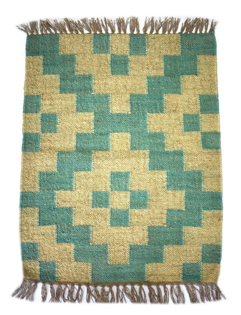 Handmade Teal Wool Jute Area Rug – Geometric Kilim Flatweave Rug with Fringe, Natural Beige Boho Decor