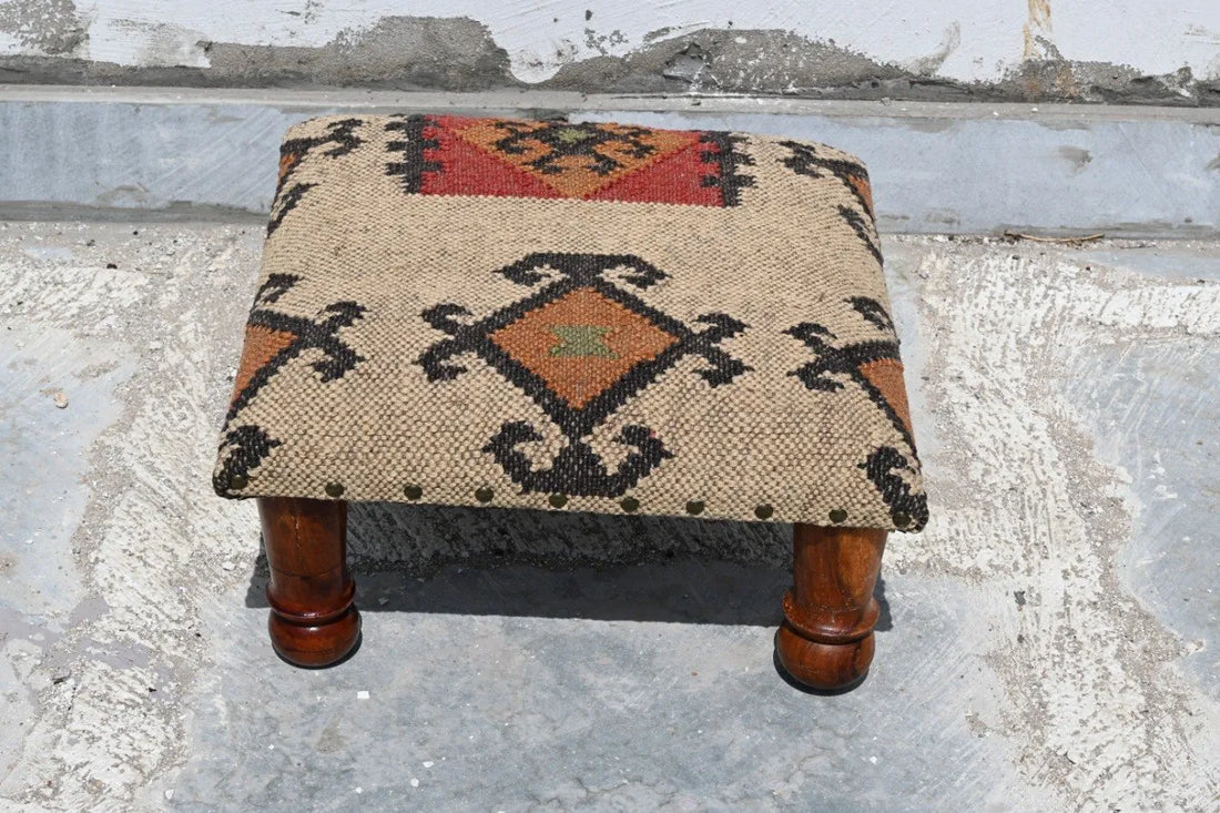 Handmade Southwestern Kilim Ottoman Footstool | Wool Jute Upholstered Tribal Accent Stool with Solid Wooden Legs for Living Room