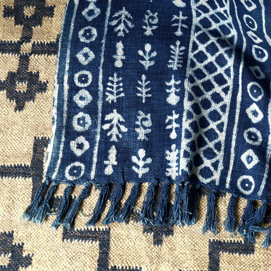 Sanwariya Rugs Cotton Throw Blanket, Indigo Botanical 50 x 70 Inch