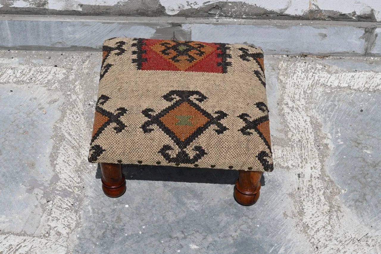 Handmade Southwestern Kilim Ottoman Footstool | Wool Jute Upholstered Tribal Accent Stool with Solid Wooden Legs for Living Room