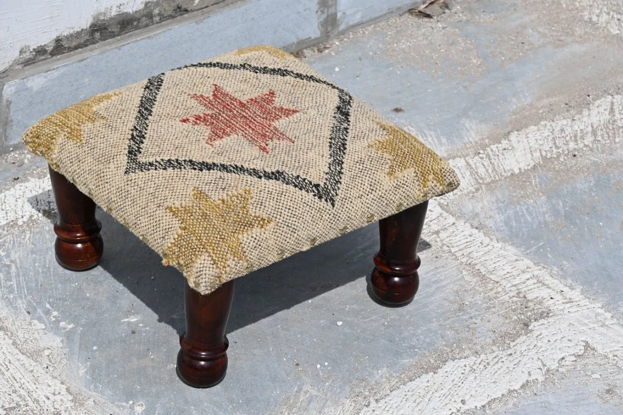 Handmade Southwestern Star Kilim Ottoman Footstool | Wool Jute Upholstered Accent Stool with Solid Wooden Legs & Tribal Design