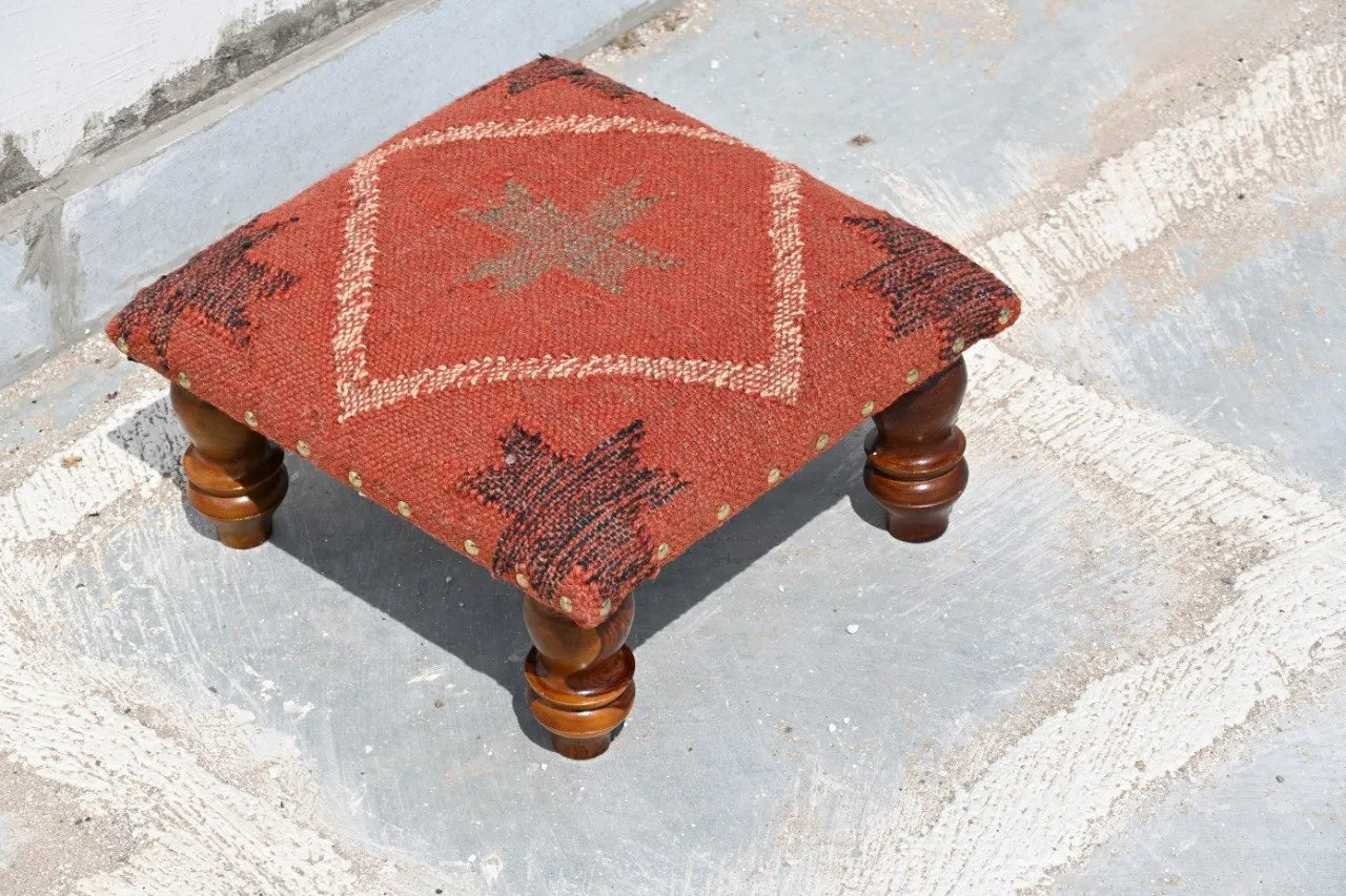 Handmade Terracotta Red Kilim Ottoman Footstool | Wool Jute Upholstered Tribal Accent Stool with Solid Wooden Legs
