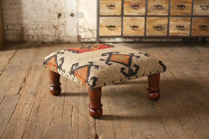Handmade Tribal Kilim Ottoman Footstool | Wool Jute Upholstered Accent Stool with Rustic Geometric Pattern & Solid Wooden Legs