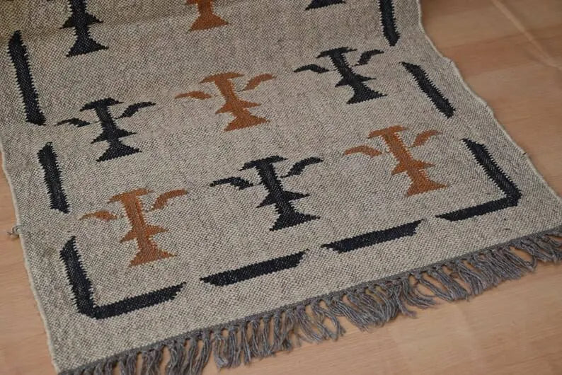 Beige Botanical Wool & Jute Kilim Runner Rug – Black & Rust