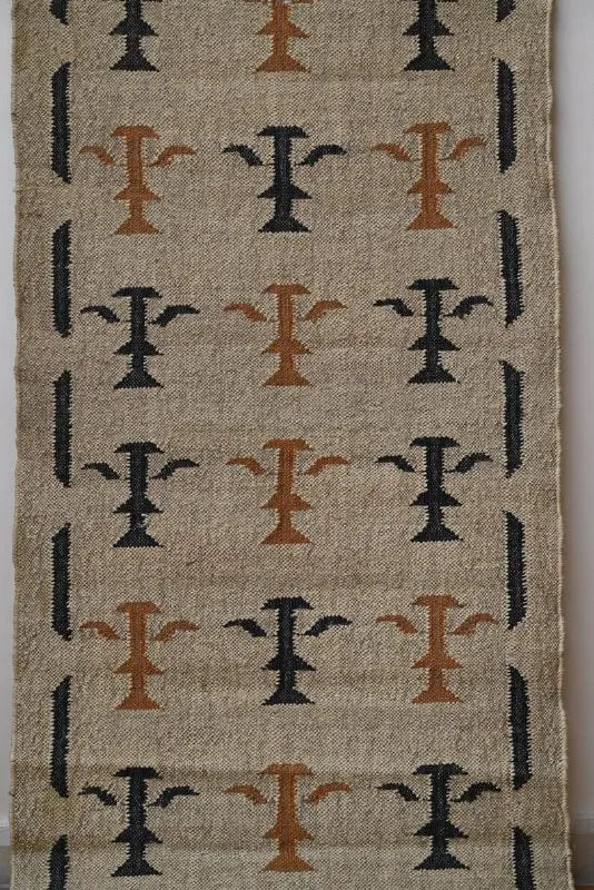 Beige Botanical Wool & Jute Kilim Runner Rug – Black & Rust