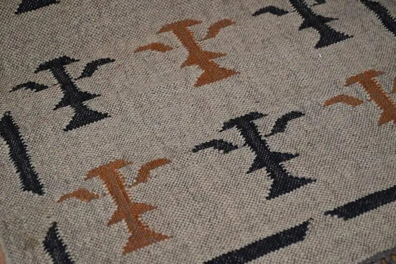 Beige Botanical Wool & Jute Kilim Runner Rug – Black & Rust