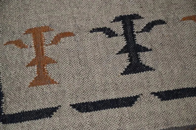 Beige Botanical Wool & Jute Kilim Runner Rug – Black & Rust