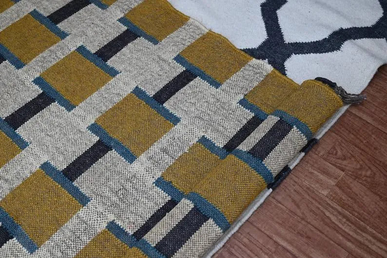 Beige & Mustard Geometric Wool & Jute Kilim Runner Rug