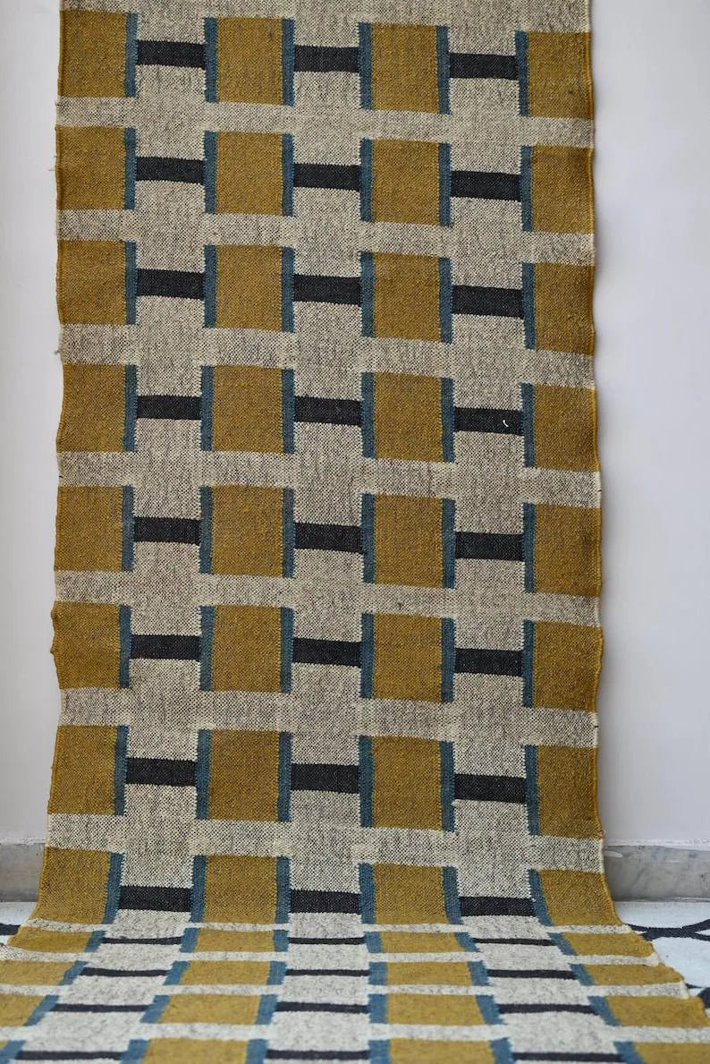 Beige & Mustard Geometric Wool & Jute Kilim Runner Rug