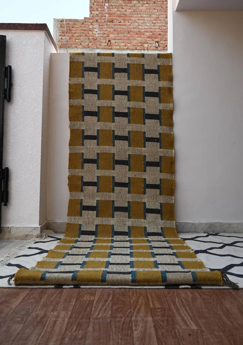 Beige & Mustard Geometric Wool & Jute Kilim Runner Rug