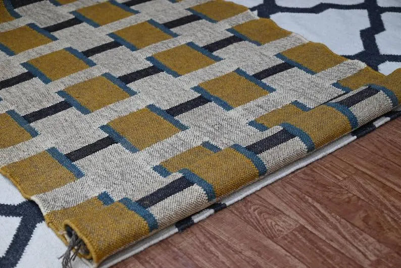 Beige & Mustard Geometric Wool & Jute Kilim Runner Rug