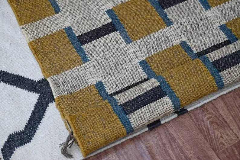 Beige & Mustard Geometric Wool & Jute Kilim Runner Rug