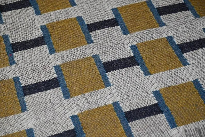 Beige & Mustard Geometric Wool & Jute Kilim Runner Rug