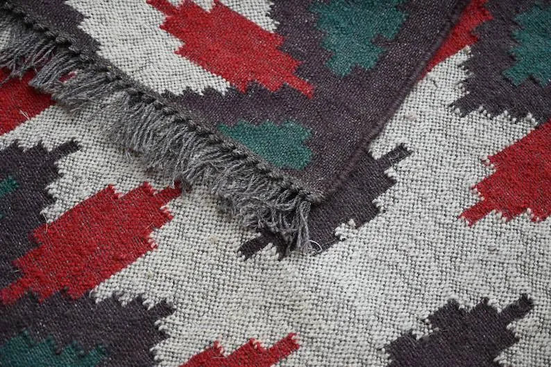 Beige Geometric Wool & Jute Kilim Runner Rug – Red & Green