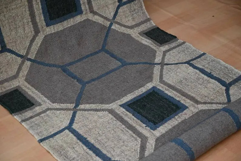 Beige & Taupe Geometric Wool & Jute Kilim Runner Rug