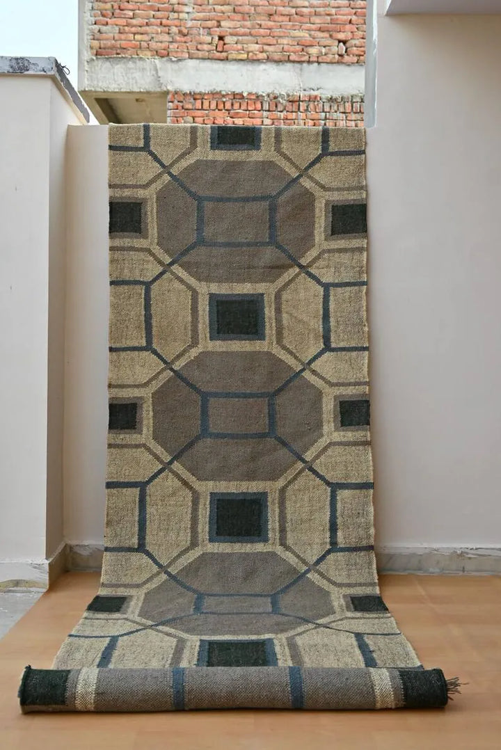 Beige & Taupe Geometric Wool & Jute Kilim Runner Rug