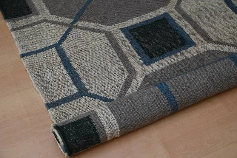 Beige & Taupe Geometric Wool & Jute Kilim Runner Rug