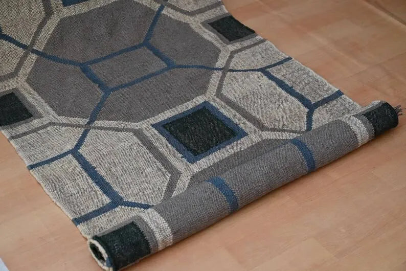 Beige & Taupe Geometric Wool & Jute Kilim Runner Rug
