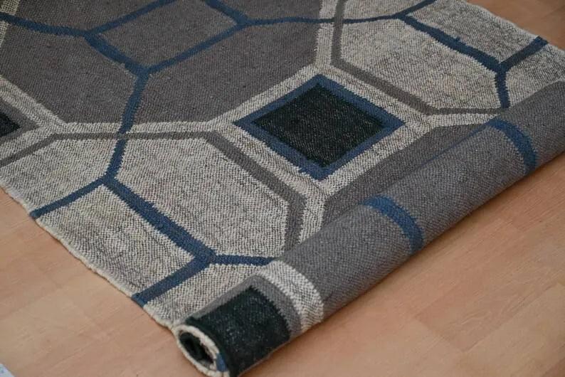 Beige & Taupe Geometric Wool & Jute Kilim Runner Rug