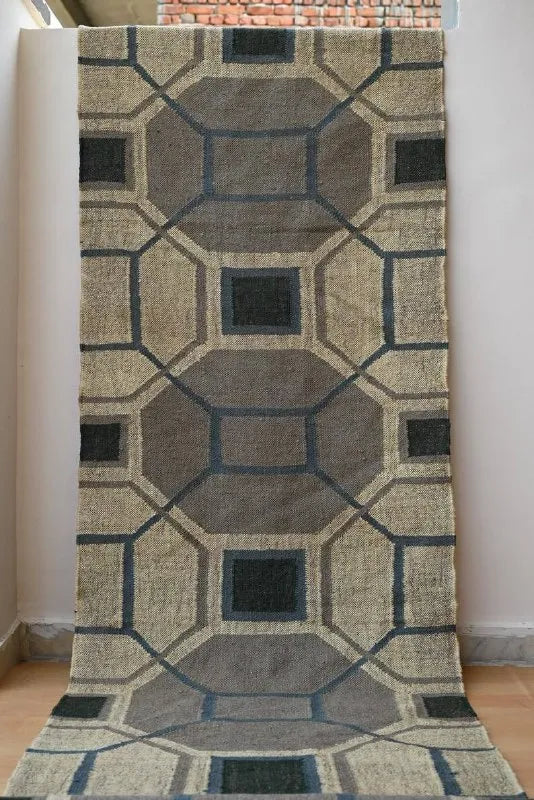 Beige & Taupe Geometric Wool & Jute Kilim Runner Rug
