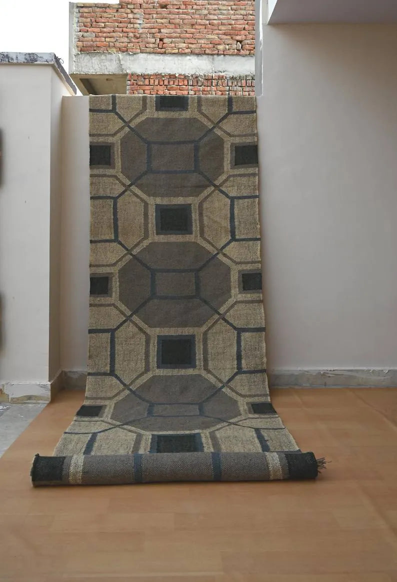 Beige & Taupe Geometric Wool & Jute Kilim Runner Rug