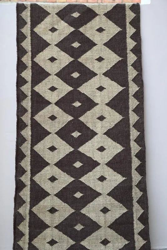 Brown & Beige Diamond Wool & Jute Kilim Runner Rug