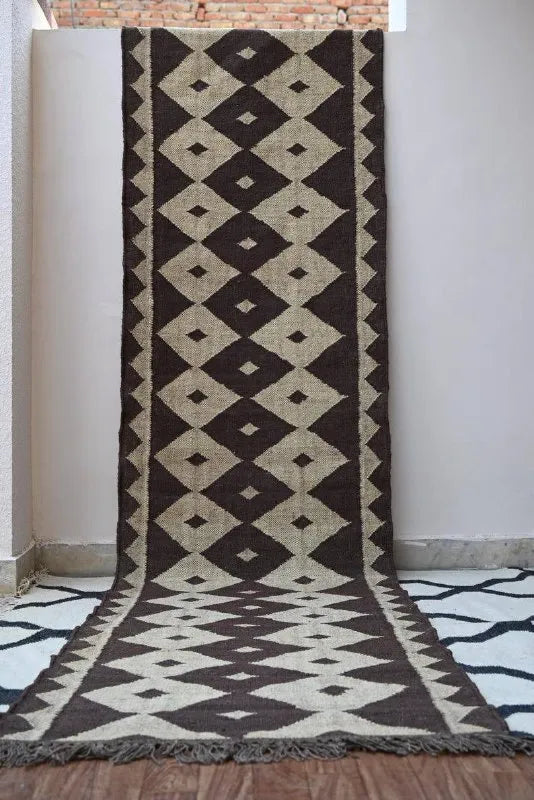 Brown & Beige Diamond Wool & Jute Kilim Runner Rug