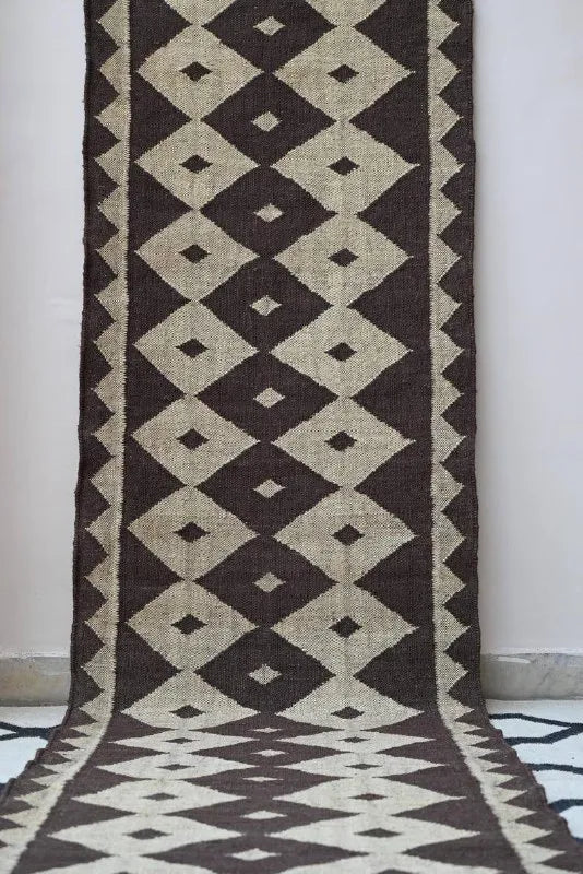 Brown & Beige Diamond Wool & Jute Kilim Runner Rug