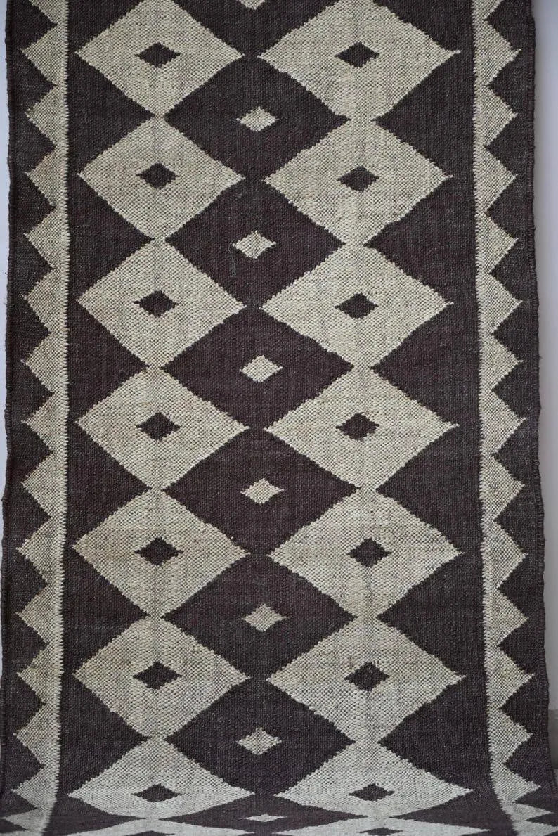 Brown & Beige Diamond Wool & Jute Kilim Runner Rug