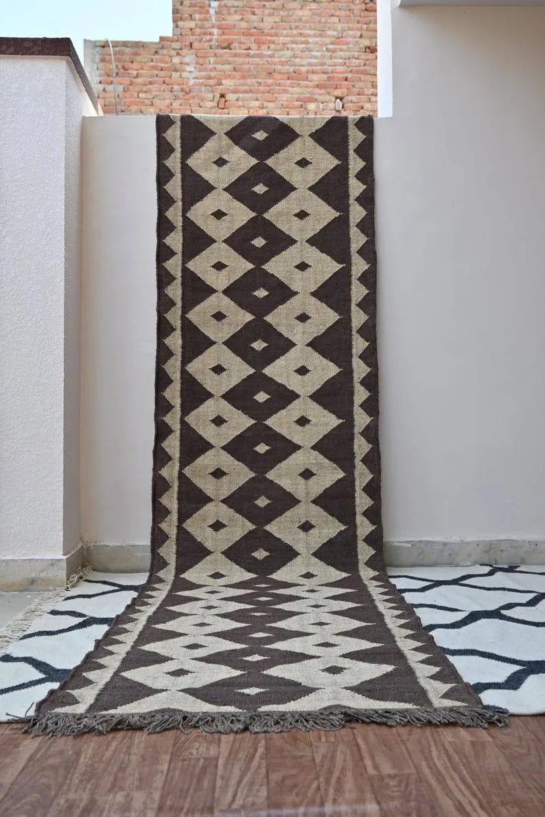 Brown & Beige Diamond Wool & Jute Kilim Runner Rug