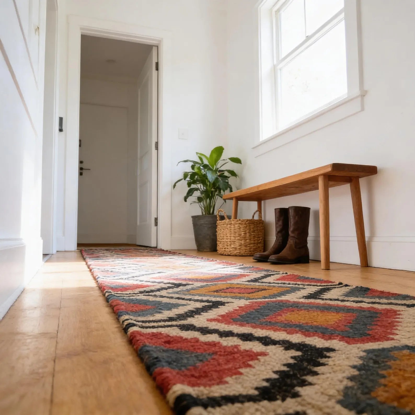 Sanwariya Rugs Handwoven Wool Jute Kilim Runner Rug, Geometric Tribal Stair Runner, Flatweave Hallway Entryway Rug