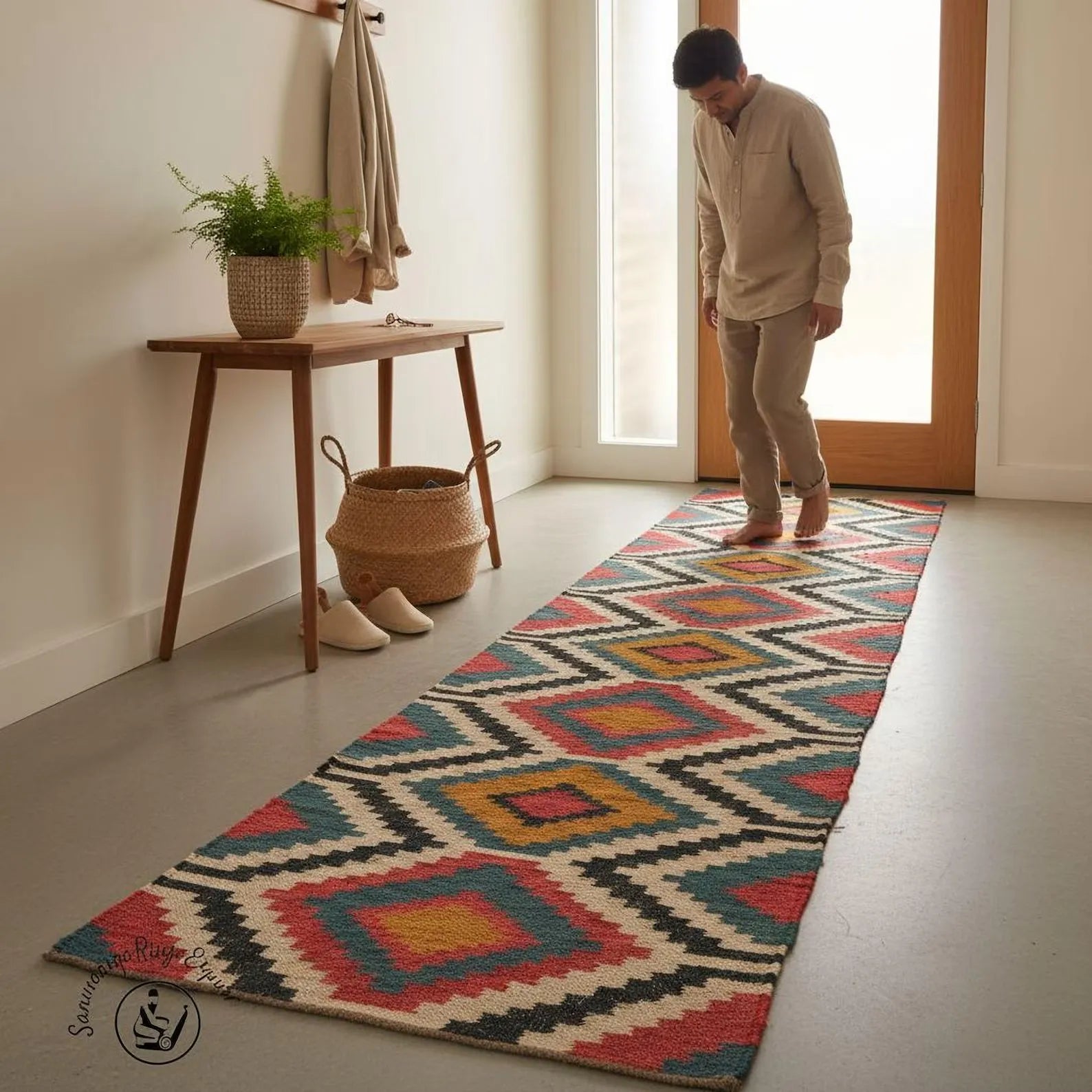Sanwariya Rugs Handwoven Wool Jute Kilim Runner Rug, Geometric Tribal Stair Runner, Flatweave Hallway Entryway Rug
