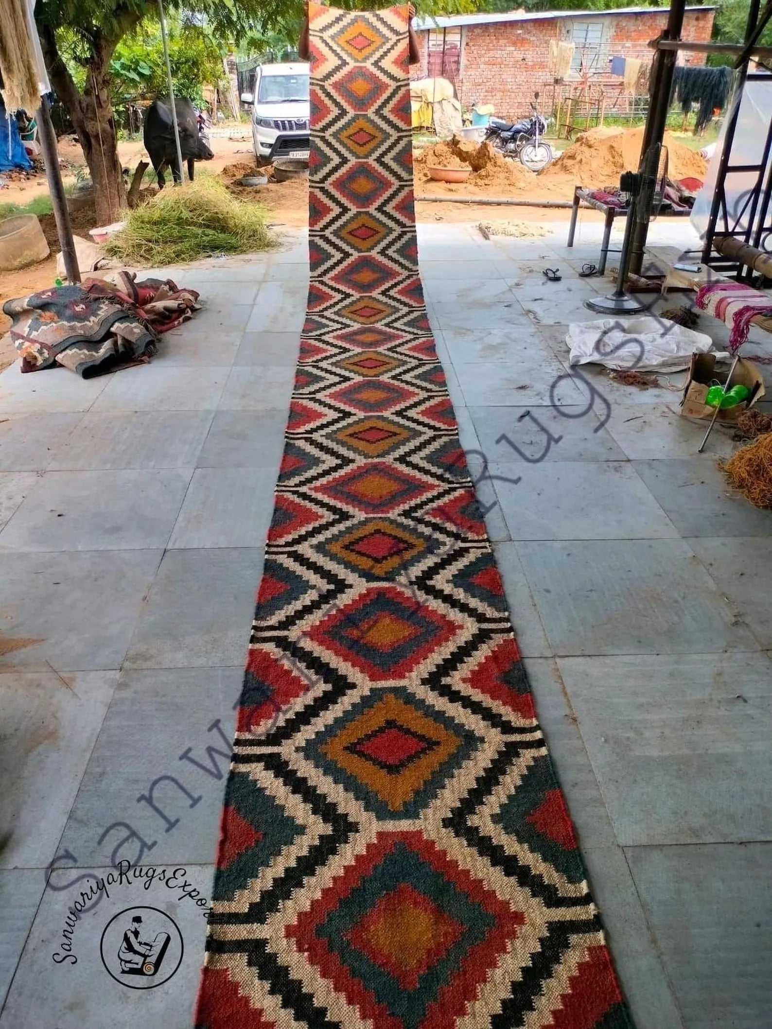 Sanwariya Rugs Handwoven Wool Jute Kilim Runner Rug, Geometric Tribal Stair Runner, Flatweave Hallway Entryway Rug