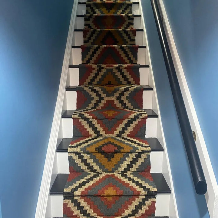 Sanwariya Rugs Handwoven Wool Jute Kilim Runner Rug, Geometric Tribal Stair Runner, Flatweave Hallway Entryway Rug