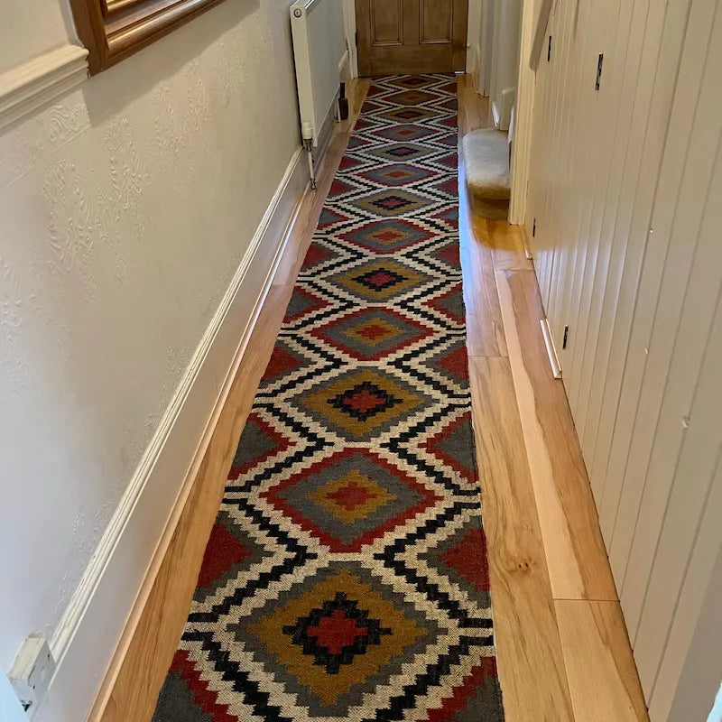Sanwariya Rugs Handwoven Wool Jute Kilim Runner Rug, Geometric Tribal Stair Runner, Flatweave Hallway Entryway Rug