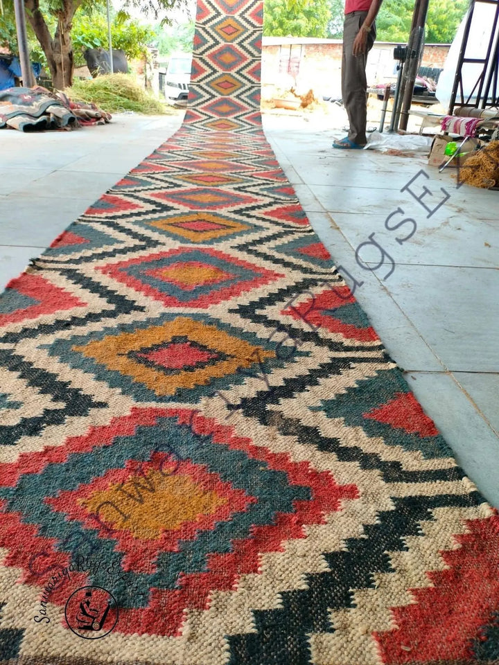 Sanwariya Rugs Handwoven Wool Jute Kilim Runner Rug, Geometric Tribal Stair Runner, Flatweave Hallway Entryway Rug