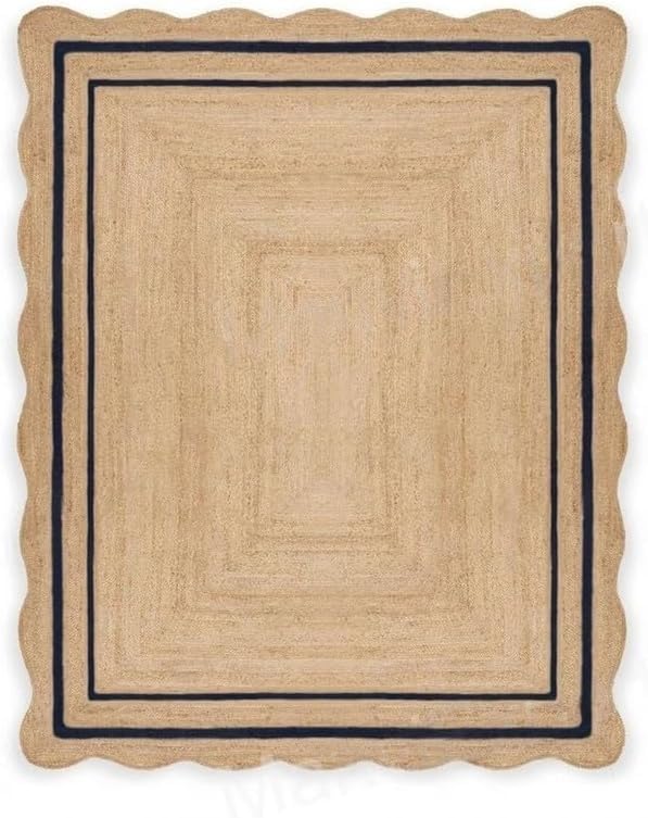 Natural Jute Area Rug with Scalloped Edges & Double Border – Handwoven Rug