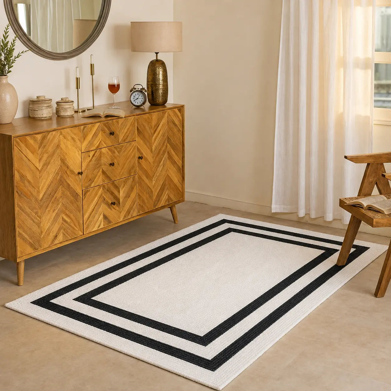 Black and White Geometric Jute Area Rug – Modern Border Design