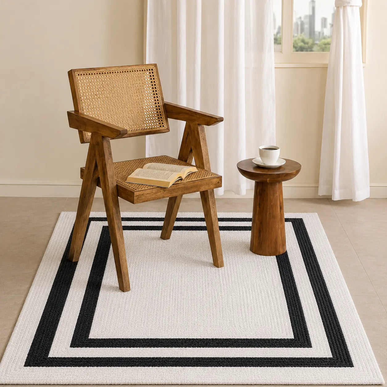 Black and White Geometric Jute Area Rug – Modern Border Design