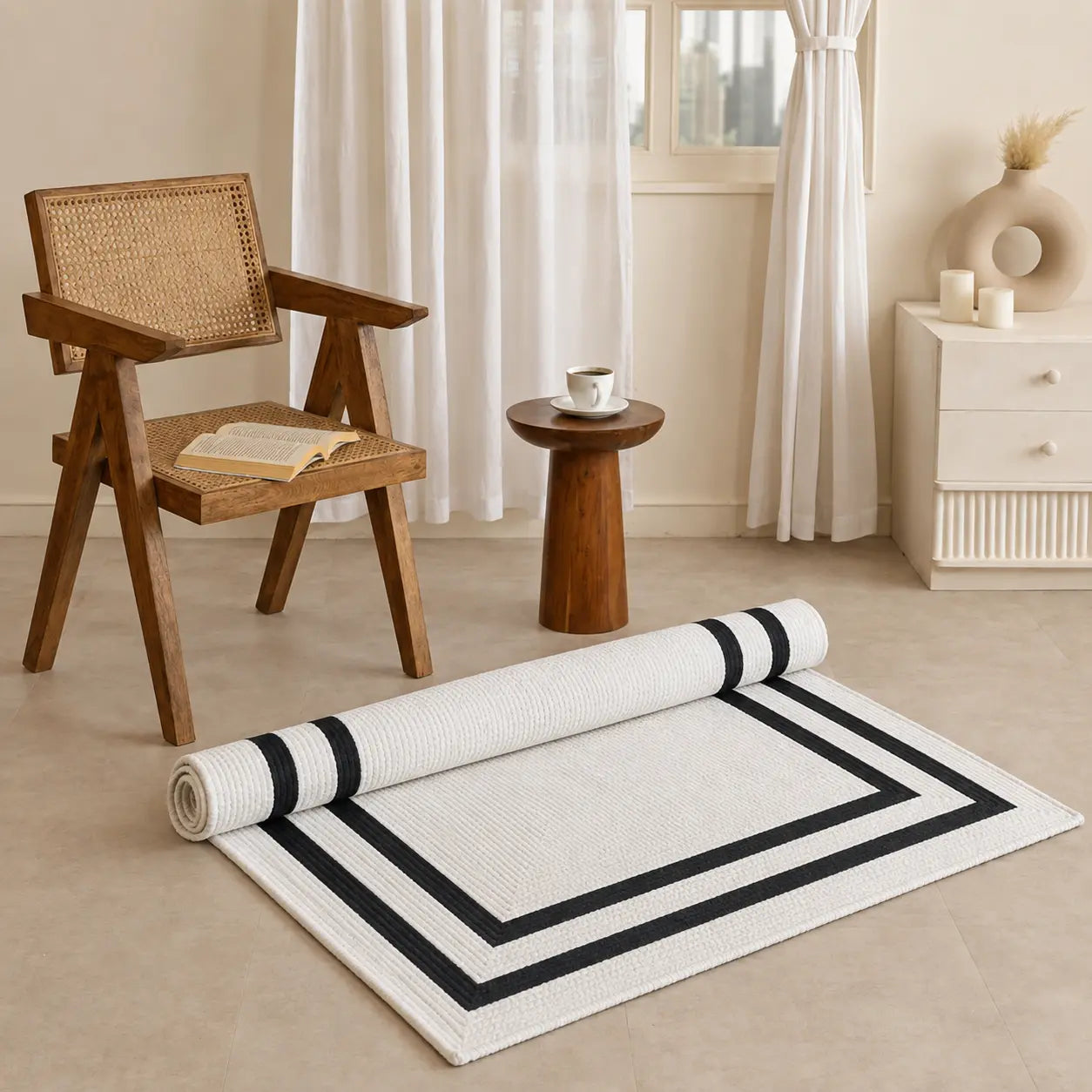 Black and White Geometric Jute Area Rug – Modern Border Design