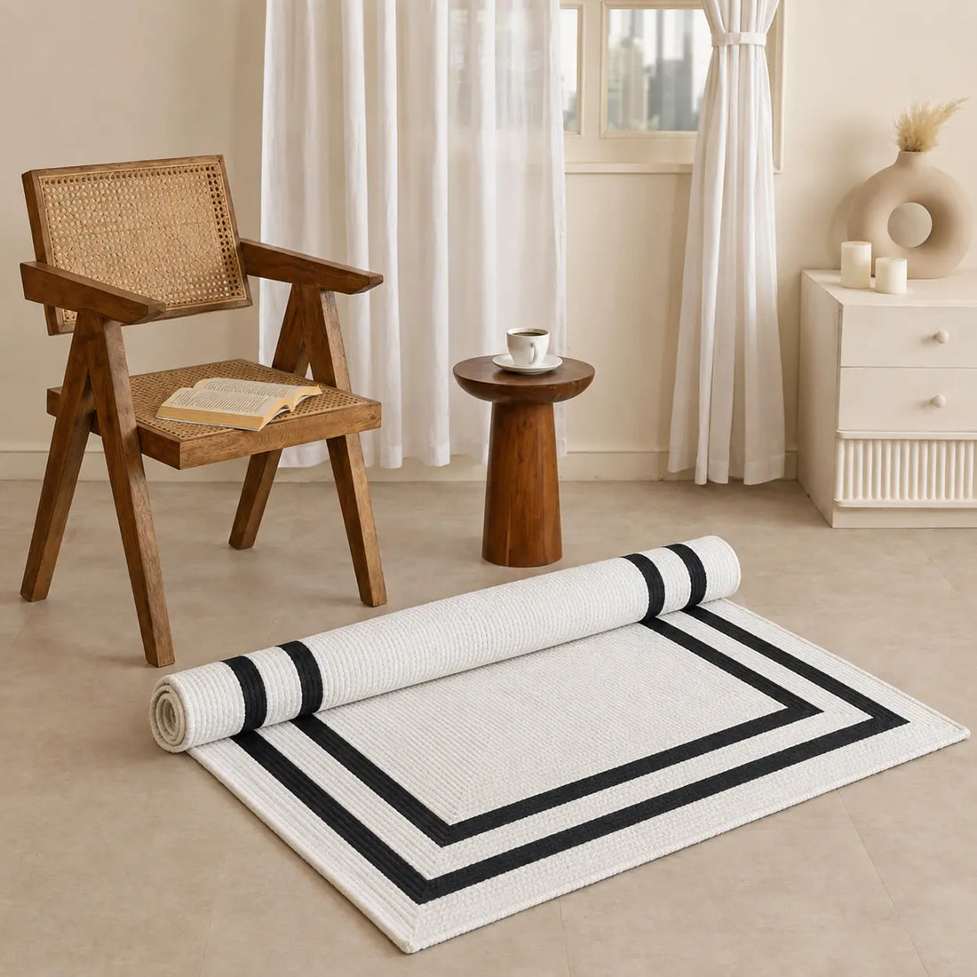Black and White Geometric Jute Area Rug – Modern Border Design