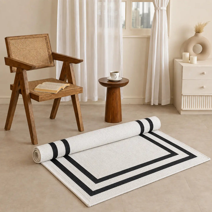Black and White Geometric Jute Area Rug – Modern Border Design