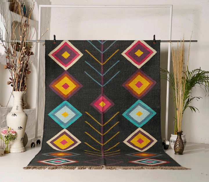 Black Multicolor Wool Jute Kilim Rug – Handwoven Geometric Diamond Area Rug
