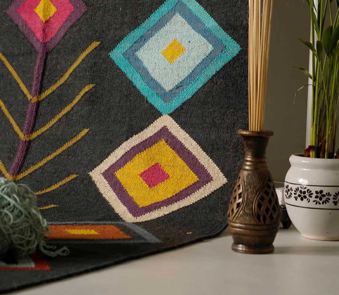 Black Multicolor Wool Jute Kilim Rug – Handwoven Geometric Diamond Area Rug