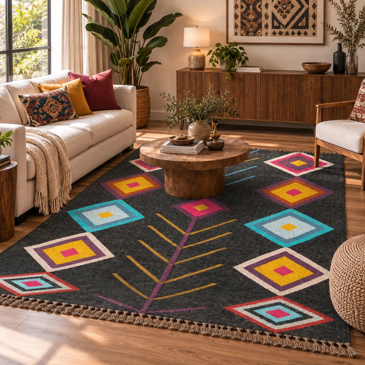 Black Multicolor Wool Jute Kilim Rug – Handwoven Geometric Diamond Area Rug