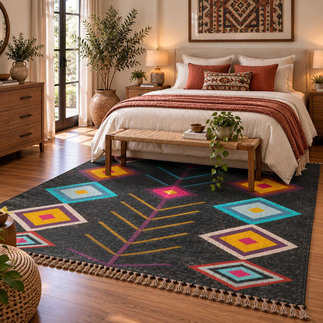 Black Multicolor Wool Jute Kilim Rug – Handwoven Geometric Diamond Area Rug